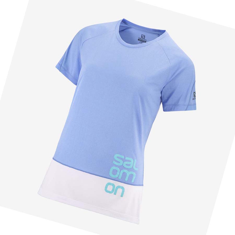 Salomon CROSS RUN GRAPHIC T-shirt Dam Vita Blå | 16037-NOFZ